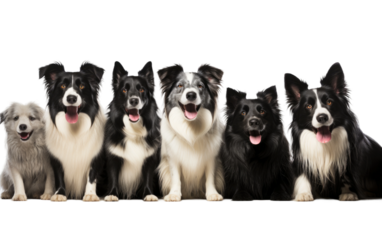 A group of dogs, of various breeds and sizes, sit closely next to each other on the ground. Their tails wag and ears perk up as they look in different directions, displaying a range of expressions.