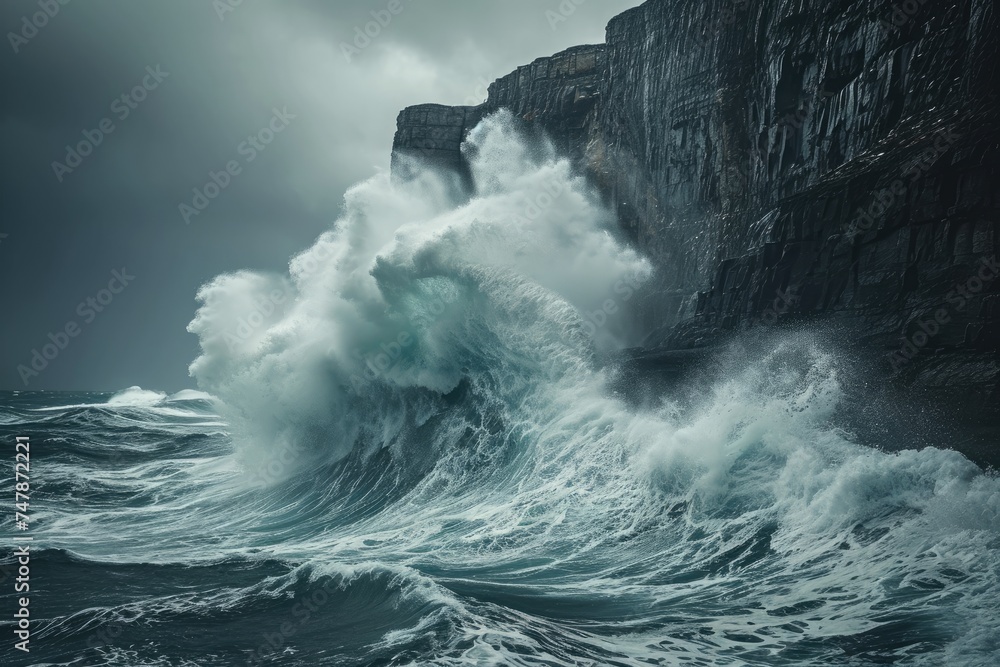 Poster a massive wave crashes forcefully into a rugged cliff, creating a dramatic display of natures streng