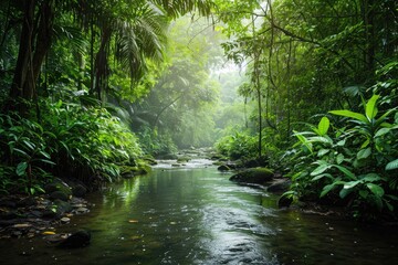A pristine stream cuts through a dense, lush green forest, creating a captivating scene of natures beauty, Wild river coursing through an exotic rainforest, AI Generated