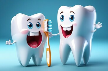 Happy dental tooth brushing cartoon characters, isolated on white or blue background. Anti-Caries Protection Concept  - obrazy, fototapety, plakaty