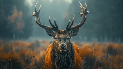 Mysterious and compelling image showcasing a majestic stag in misty woodlands during a light drizzle, composing an enchanting scene
