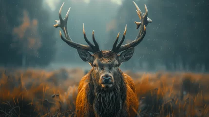 Foto auf Acrylglas Mysterious and compelling image showcasing a majestic stag in misty woodlands during a light drizzle, composing an enchanting scene © Daniel