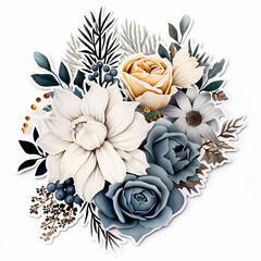 winter floral bouquet with shades of white, red, payne's blue, grey