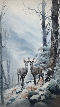 Two beautiful deer against the backdrop of a snowy forest.