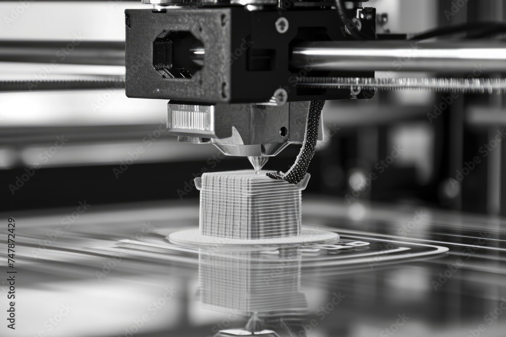 Poster an automated robotic arm precisely welds metal parts on an assembly line in a manufacturing facility