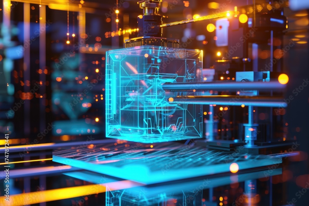 Poster a 3d rendering of a machine in operation inside a laboratory, wireframe of a 3d printer printing an 