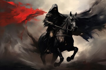 cloaked man rinding a black horse waving a flag with some kind of symbol, digital art style - obrazy, fototapety, plakaty