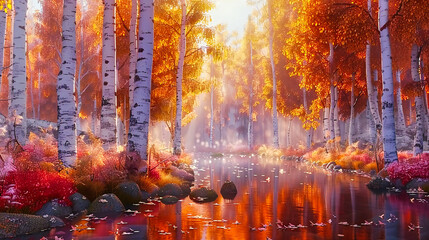 Autumn in the Park, Artistic Canvas Painting, Vibrant Trees and Reflections, Creative Nature Interpretation
