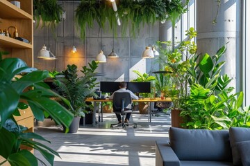Man Sitting at Wooden Desk in Office Surrounded by Indoor Plants, Worker sitting in an eco-friendly office space with plants and daylight, AI Generated