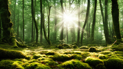 Serene Forest Scene with Sunlight Filtering Through the Trees onto a Mossy Forest Floor