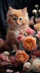 Cute striped red fluffy kitten on a table with flowers.