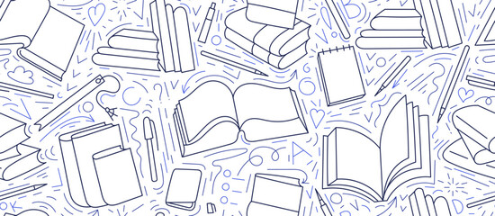 Open book to read, seamless doodle pattern Library