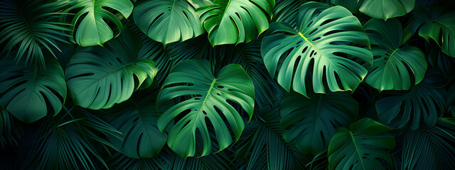 Tropical leaves background. Green leaf banner and floral jungle pattern concept. abstract green...