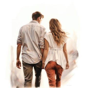 Man and a Woman Walking Together. On a white background.