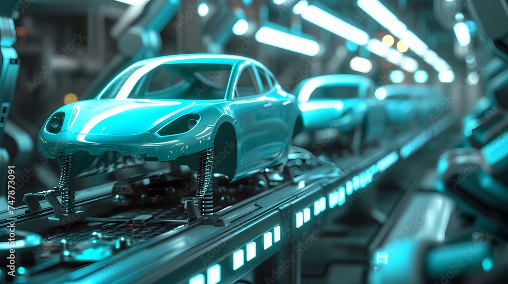 Poster a sleek car body glides along an advanced automated assembly line. the scene is a testament to the f