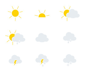 Weather icons. Weather forecast icon set. Webdesign, clouds, sunny day, rain, snowflakes, sun. Flat design. Vector illustration.