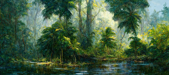 Watercolor like art of a dense and humid unexplored tropical jungle landscape with lush green foliage and murky river. - obrazy, fototapety, plakaty