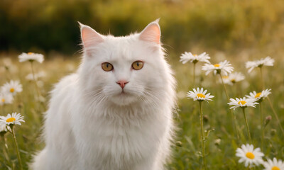 Naklejka na ściany i meble A white cat with fluffy fur is strolling through a vast field covered in blooming daisies.