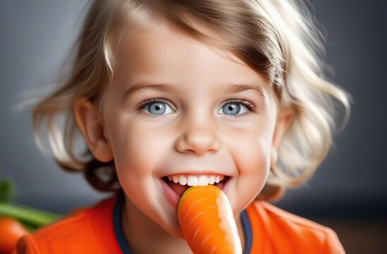 a child with healthy strong white teeth gnaws a carrot. healthy lifestyle concept