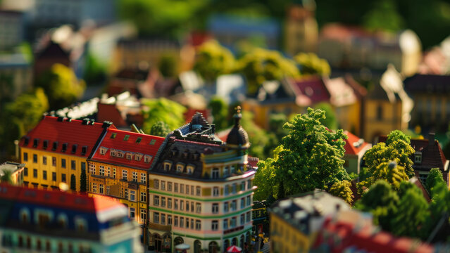 Tilt-shift lens effect gives a toy-like appearance to a colorful, bustling miniature town.