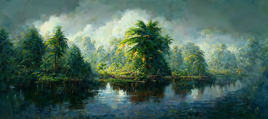 Watercolor like art of a dense and humid unexplored tropical jungle landscape with lush green foliage and murky river.