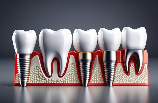 Dentistry implants with a pin on a gray background Healthy medicine molar root restoration design concept world oral health day created by AI. with copy space image. Place for adding text or design