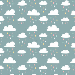 Seamless pattern with clouds and hand drawn shapes. Creative vector childish background for fabric, textile