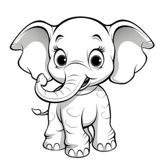 Cartoon cute baby elephant. Kids coloring Book, black and white Illustration