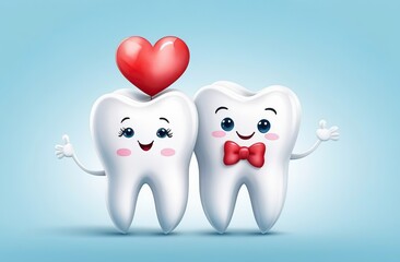 Two white cartoon watercolor teeth with legs and hand fall in love. Dental card for Valentines day with copy space. Teeth do not want to lose each other. Oral dental hygiene. illustration