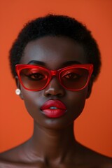 An elegant Black woman radiates confidence and glamour in red sunglasses. Concept Fashion Portraits, Red Sunglasses, Confidence, Glamour, Elegant Black Woman