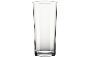 Tall Glass. A tall glass stands upright on a plain white background. The glass is empty and clean, with a sleek design and transparent appearance.