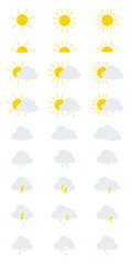 Weather icons. Weather forecast icon set. Webdesign, clouds, sunny day, rain, snowflakes, sun. Flat design. Vector illustration.
