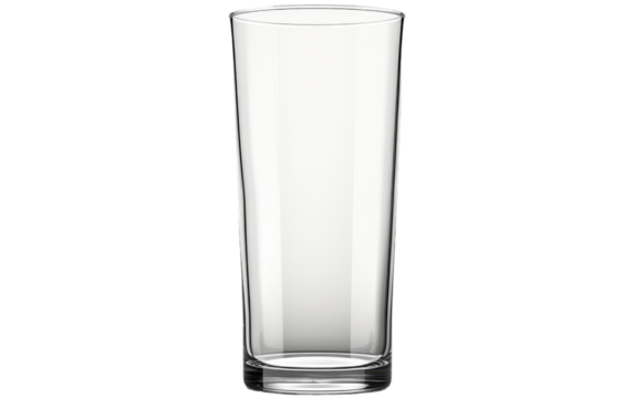 Tall Glass. A tall glass stands upright on a plain white background. The glass is empty and clean, with a sleek design and transparent appearance.