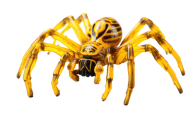 Yellow Spider. A detailed close up of a yellow spider with eight legs and multiple eyes. The spider appears to be stationary, showcasing its intricate body features.