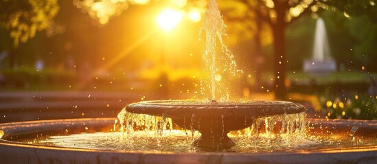 A fountain in a park spouts water in the sunlight, creating a dynamic and refreshing display. The water gushes upwards and cascades down in a continuous flow, adding movement and energy to the scenic - obrazy, fototapety, plakaty