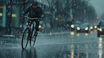 A cyclist braves the rain, pedaling fiercely on a glistening urban road at night.
