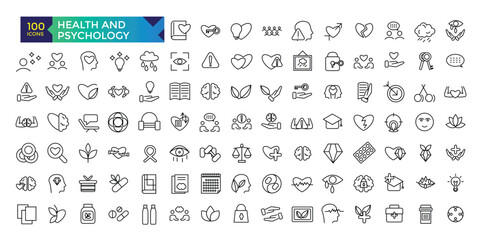 Fototapeta na wymiar Health and Psychology line icons related to wellness, wellbeing, mental health, healthcare, medical. Outline icon collection.