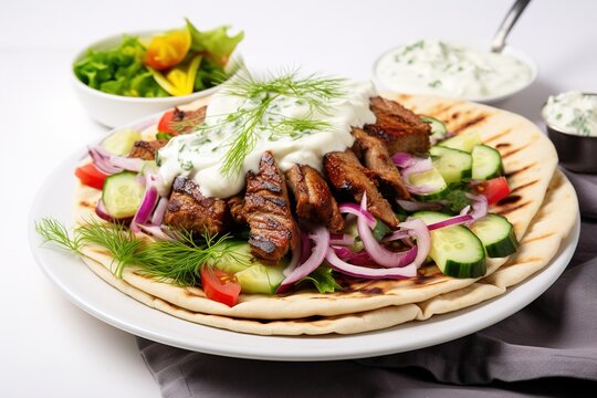 Kebab with pita bread, vegetable salad. Image for cafe menu, Banner