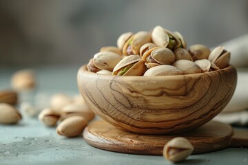 Fototapeta na wymiar Pistachios in a wooden cup, close-up isolated on background. Image for Cafe and Restaurant Menus