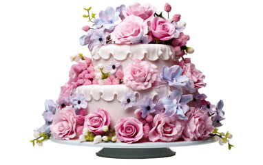 Three Tiered Cake Decorated With Pink and Purple Flowers. The cake is elegantly decorated with intricate floral designs, creating a visually appealing and celebratory centerpiece.