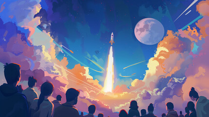 A poignant moment where a rocket ascends towards the moon  - obrazy, fototapety, plakaty