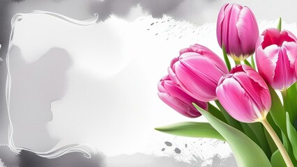 Banner.Bouquet of pink tulips on a white background, drawn in watercolor. Copy space. Place for text.