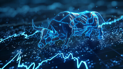 Bull and stock market graph in blue, digital technology. generative ai - obrazy, fototapety, plakaty