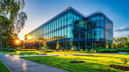 Fototapeta na wymiar Modern Office Building Facade, Blue Sky Reflection on Glass Windows, Architectural Business Design