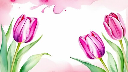 Banner.Bouquet of pink tulips on a white background, drawn in watercolor. Copy space. Place for text.