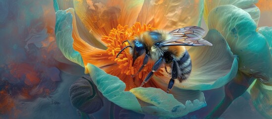 Obraz na płótnie Canvas A realistic painting of a bee delicately perched on a colorful flower, showcasing the intricate details of the bees wings and the flowers petals.