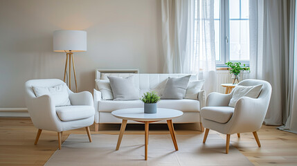 White sofa and armchairs in scandinavian style home interior design of modern living room.
