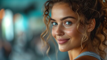 Portrait of Happy beautiful woman on a group workout in a fitness club. Power training, Dance training, aerobic workout, group training. Woman in a gym, healthy concept. Сardio workout - obrazy, fototapety, plakaty