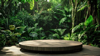 Wood podium outdoors with blur green monstera tropical forest plant, nature background