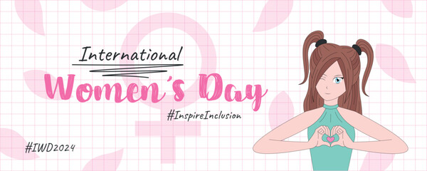 Banner template for International Women's Day 2024 with anime style girl showing heart sign. Inspire inclusivity. Vector design for posters, posts, covers